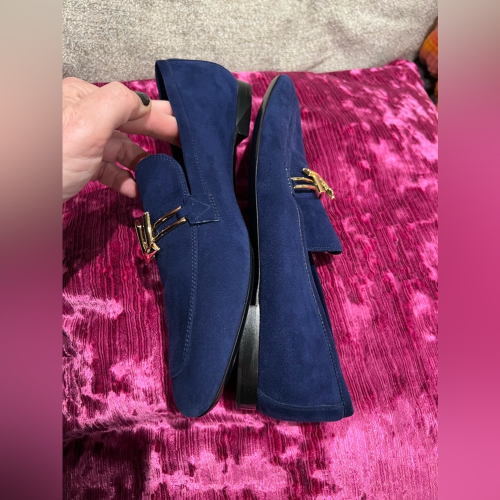 LOUIS VUITTON Authentic Ladies Blue Suede Logo Loafers Brass LV new not worn 41 - Picture 4 of 8